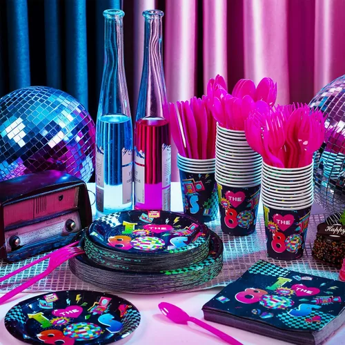 Miniatura 3 de Yungyan Juego de 252 platos y servilletas retro de los años 80 I Love the 1980s Party Decor Back to the 80s Servilletas platos, vasos, cuchillos