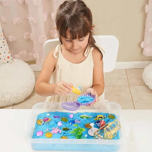 Miniatura 6 de 38 cubos sensoriales de sirena con arena mágica de 2 libras, moldes de océano y accesorios del tesoro, regalo creativo de juego de arena para niñas