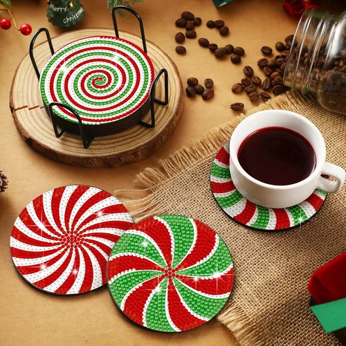 Miniatura 7 de Perthlin 8 Pcs Christmas Diamond Art Coasters Christmas Tree Candy Gnome Painting Coasters with Holder Painting Kit Green White Diamond Kits(Candy)