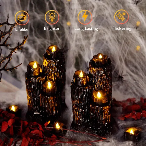 Miniatura 8 de Homemory Paquete de 24 velas de té sin llama de Halloween, color negro, funciona con pilas, velas LED parpadeantes, seguras para calabazas, negro