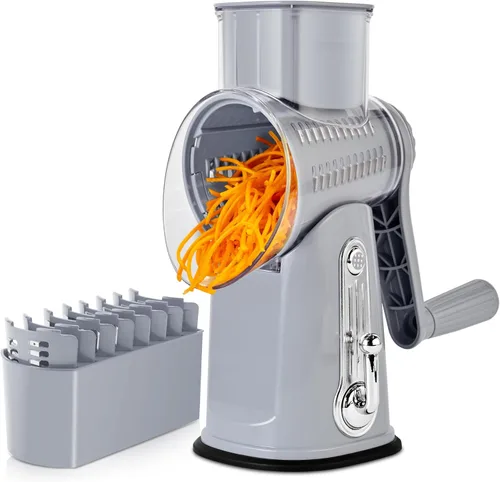 Miniatura 10 de SUSTEAS Rallador rotativo de queso con asa, triturador de verduras con 5 cuchillas bien diseñadas y base de succión fuerte, cortador redondo de Verde