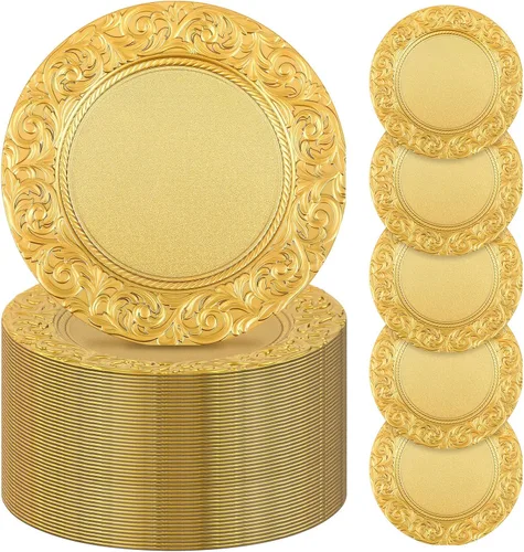 Miniatura 12 de Uiifan 24 Piezas Platos Base Antiguos a Granel 13'' Platos de Plástico en Relieve para Cena Platos Base Redondos Florales para Boda Cargadores Dorado