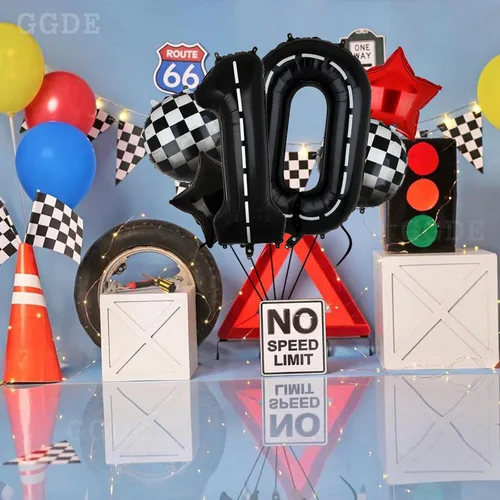 Miniatura 4 de Globos de Cumpleaños de Coche de Carreras Globo de Número de Pista de Carreras de 40 Pulgadas 0 Negro Niños 10mo Cumpleaños Decoración de Fiesta