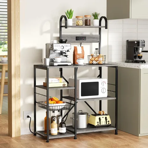 Miniatura 3 de JAMFLY Estante para hornear de cocina de 35.4 pulgadas con toma de corriente, mesa de café y soporte para horno microondas, estante de Gris