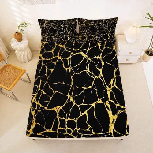 Miniatura 19 de Erosebridal Sábana bajera ajustable de mármol metálico dorado, tamaño individual, sábanas de cama con purpurina dorada negra, diseño de textura