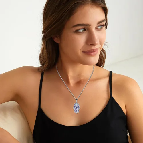 Miniatura 127 de Aniu Joyería de plata de ley 925 Hamsa de Fátima para mujer con circonita cúbica, viene con caja de regalo negra