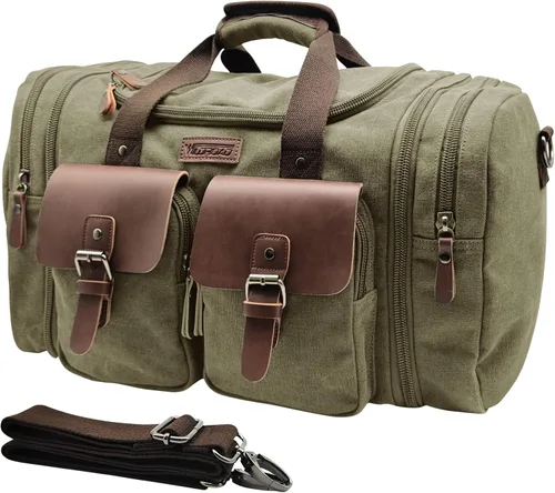 Wildroad Bolsa de viaje de lona de 50L, bolsa de lona expandible de cuero genuino, bolsa de fin de semana mejorada para una noche, bolsa de mano