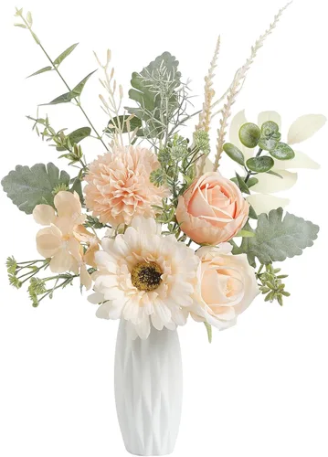 Miniatura 15 de Flores artificiales pequeñas de 11.8 pulgadas en jarrón de cerámica, centro de mesa de flores de seda púrpura para mesa de comedor, oficina, boda