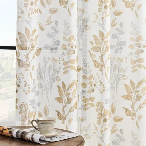 Cortinas color gris pardo de 63 pulgadas de largo para sala de estar, cortinas semitransparentes filtrantes de luz, estilo granja, patrón floral