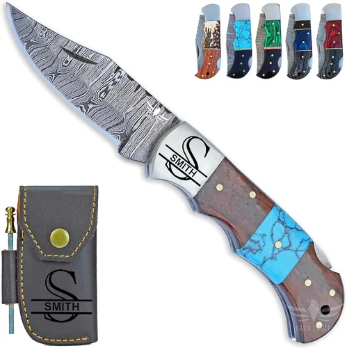 Miniatura 14 de Cuchillo de bolsillo de damasco personalizado para hombres - Cuchillo plegable de caza de acero sólido de 133 capas hecho a mano con afilador y azul