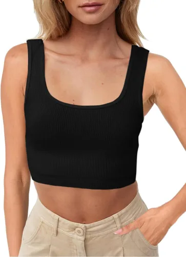 CHYRII Paquete de 3 camisetas de verano para mujer, cuello cuadrado, acanaladas, básicas, sin mangas