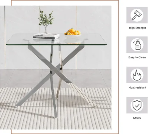 Miniatura 5 de Juego de 4 mesas de comedor de cristal para 4, juego de 4 mesas y sillas de cocina modernas, juego de mesa de comedor de cocina de 5 piezas con mesa