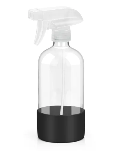 Rionisor - Botellas de cristal con rociador con protección de manga de silicona, contenedores recargables vacíos de 16 oz, Negro, 1 paquete