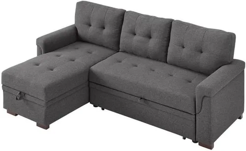 Miniatura 5 de BOWERY HILL Sofá cama modular reversible de lino gris acero con almacenamiento, tapicería de mezcla de algodón, cama extraíble, cojines copetudos