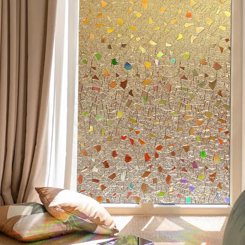 Miniatura 11 de Coavas Película de privacidad para ventana de vidrieras 3D arco iris, control de calor, bloqueo UV, no adhesivo, película de vinilo extraíble, tinte