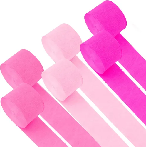 Serpentinas de papel crepé – 6 rollos, 492 pies, paquete de 6 serpentinas de fiesta de color rosa claro y rosa intenso para decoraciones de