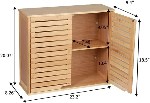 Miniatura 3 de Armario de almacenamiento de bambú montado en la pared para baño con puertas dobles, estante ajustable de 2 niveles, organizador sobre inodoro