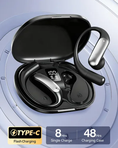Miniatura 4 de Wentronic Auriculares inalámbricos Bluetooth 5.4 con pantalla digital, gancho seguro, tiempo de reproducción de 48 horas, sonido mejorado, llamadas