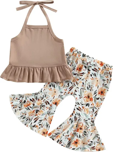 TheFound Traje de verano para bebé niña pequeña, parte superior con cuello halter, pantalones acampanados, 2 piezas, ropa para recién nacidos
