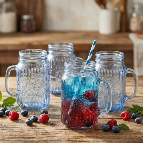 Miniatura 5 de SUT Mason Jar - Vasos para beber con asa, paquete de 6, 16 onzas, tazas de tarro azul en relieve vintage para café helado, jugo, té y cerveza