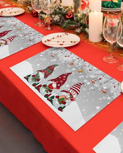 Miniatura 4 de Juego de 1 mantel individual gris de Navidad, manteles individuales de enanos de invierno y cardenales antideslizantes, manteles individuales