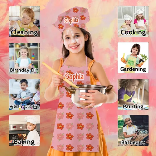 Miniatura 6 de Delantal personalizado para niños con nombre, juego de sombrero de chef personalizado, delantales personalizados, regalos para niños y niñas