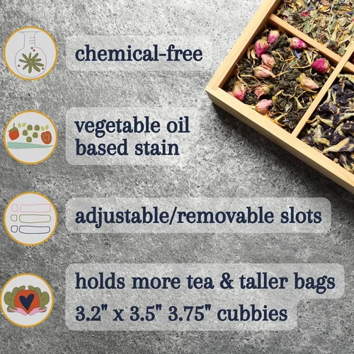 Miniatura 3 de Caja organizadora de té segura para alimentos, libre de productos químicos, baúl de almacenamiento de bambú, cubos ajustables