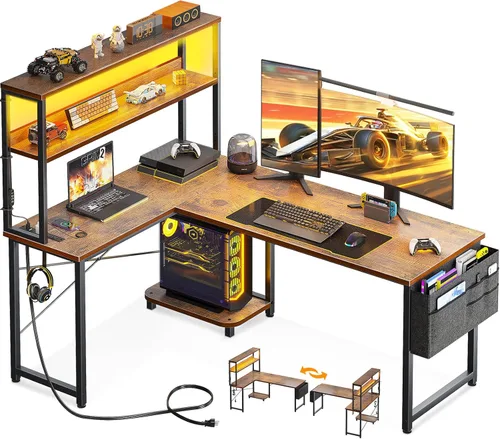 Miniatura 15 de AODK Escritorio en forma de L para juegos con luz LED y toma de corriente, mesa de computadora reversible en forma de L de 53 pulgadas con estante