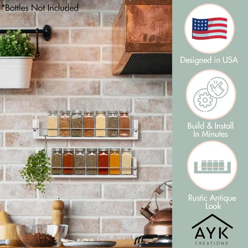Miniatura 3 de Estante de especias montado en la pared para decoración de cocina, 2 estantes en blanco lavado, estante de pared de madera para especias