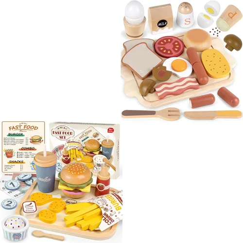 Airlab Alimento de juguete de madera para niños pequeños 3-5 juegos de desayuno y juegos de comida de madera para hamburguesas