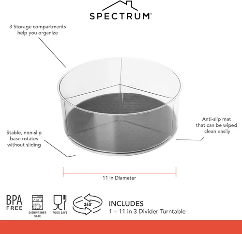 Miniatura 6 de Spectrum Organizador giratorio dividido de 11 pulgadas, gris carbón, organizador de almacenamiento Lazy Susan, 3 divisores giratorios Lazy Susan