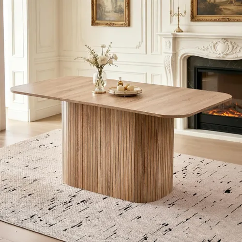 Miniatura 9 de Mesa de comedor de 63 pulgadas para 4 personas, esquinas redondeadas, base de pedestal a rayas, mesa rectangular moderna de granja, color beige