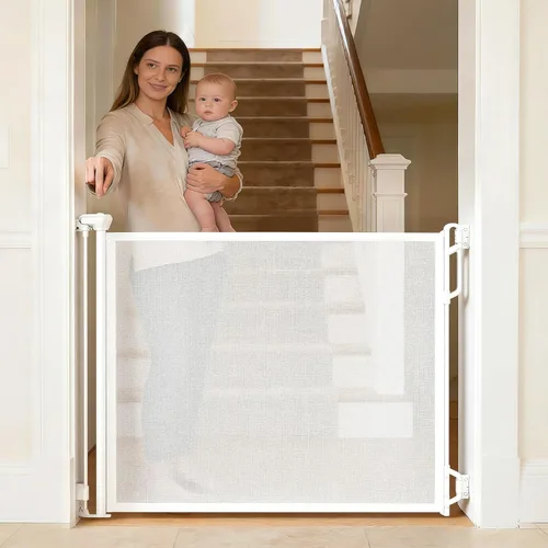 Spaceany Puerta retráctil de seguridad para bebés o puerta de malla para perros, puerta retráctil de malla portátil duradera, fácil de usar para