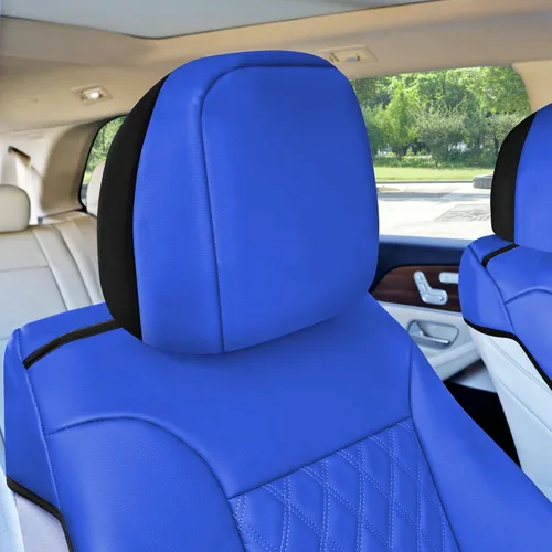 Miniatura 4 de FH Group Cojines para asiento delantero de lujo de piel sintética con patrón de diamantes para coche, viene con fundas para reposacabezas (azul)