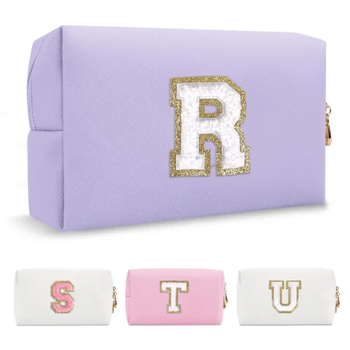 Miniatura 121 de Pequeña bolsa de maquillaje personalizada con inicial A-Z Preppy Patch, bolsa de cosméticos de viaje de felpilla blanca con cremallera, bonita bolsa