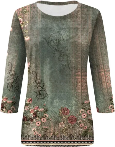 Miniatura 11 de Camisetas de manga 3/4 para mujer, cuello redondo, holgadas, casuales, con estampado floral, camisetas de moda para el trabajo de negocios
