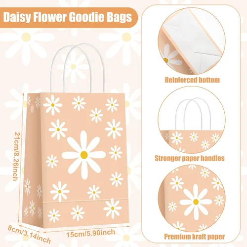 Miniatura 2 de Outus 24 bolsas de regalo de margaritas para fiestas, bolsas de papel de regalo de flores bohemias con asas, bolsas de papel retro hippie