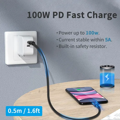 Miniatura 4 de Duttek Cable corto USB C a USB C de 40 Gbps, 1.6 pies/19.7 in, soporta 100 W PD, video de 8K a 60 Hz, trenzado de nailon, para iPhone 15, portátil