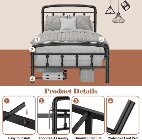 Miniatura 5 de Bastidores de cama de metal tamaño individual, marcos de cama resistentes de 1500 libras con cabecero, diseño sin ruido y almacenamiento debajo