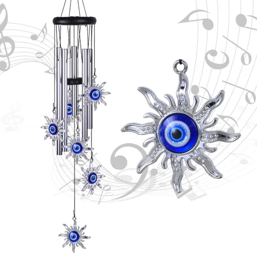 Campanillas de viento azules con ojo maléfico para decoración exterior, atrapavientos móvil con sol y ojo maléfico, campanas de viento con sol y ojo