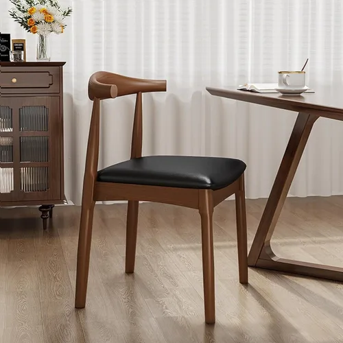 Silla de comedor de madera maciza con acabado de nogal de mediados de siglo, modernas sillas de comedor tapizadas de piel sintética con respaldo