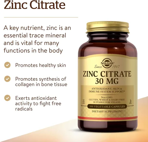 Miniatura 3 de Solgar Cápsulas vegetales de citrato de zinc, 100 unidades, sin OGM, sin gluten y kosher, apoya la salud del sistema inmunitario, piel y ojos
