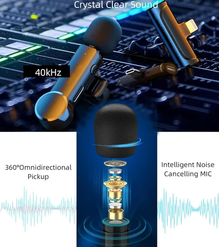 Miniatura 6 de NPTCL Paquete de 2 micrófonos Lavalier USB C inalámbrico Lav Mic para teléfono Android Cancelación de ruido Mini micrófono de solapa tipo C