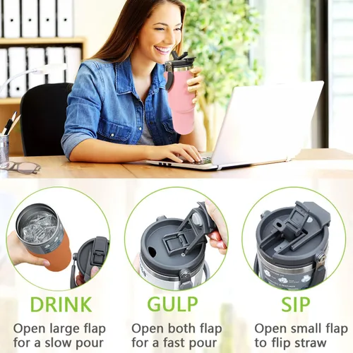 Miniatura 3 de Vaso de 30 oz con asa, vaso aislado con tapa 2 en 1 y pajilla, botella de agua de acero inoxidable de doble pared a prueba de fugas, taza para café