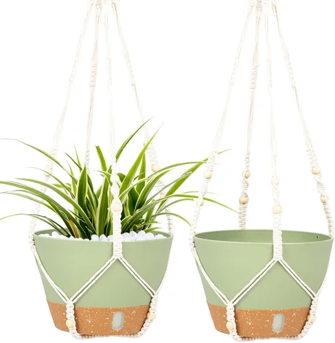 Miniatura 10 de Paquete de 2 macetas colgantes de riego automático de 7.2 pulgadas para plantas de interior y exterior, macetas colgantes de macramé de 34 pulgadas