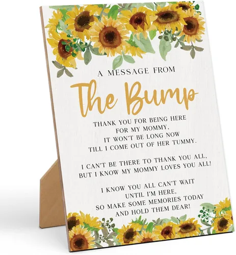 Baby Shower Games a Message from The Bump - Cartel de juego para baby shower, 8 x 11 pulgadas, letrero de juego de madera con girasol, decoración de