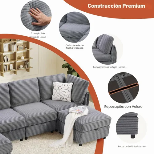 Miniatura 8 de KKL Sofá Seccional Modular en Forma de U de 6 Plazas con Otomana de Almacenamiento, Sofá Convertible en Forma de L de Pana de Felpa de Pana Ancha