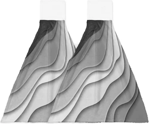 Miniatura 23 de Toallas de cocina con lazo para colgar, toallas de mano abstractas onduladas de color gris degradado, suaves, absorbentes, para baño, bar, hogar