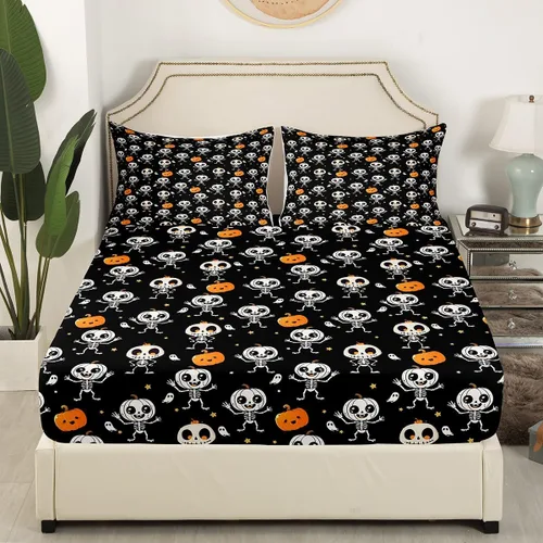 Miniatura 2 de Juego de sábanas de microfibra suave con diseño de calavera de Halloween, diseño de esqueleto gótico, fantasma, sábana bajera ajustable rústica