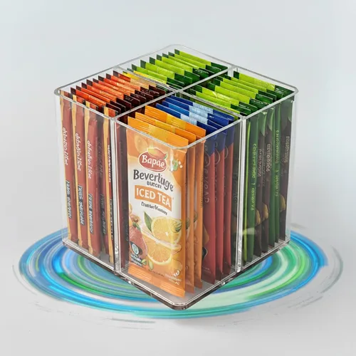 Miniatura 8 de Organizador de paquetes de bebidas giratorias de 360°, plástico transparente sin BPA de 4 secciones para mezclas de café, azúcar y bebidas